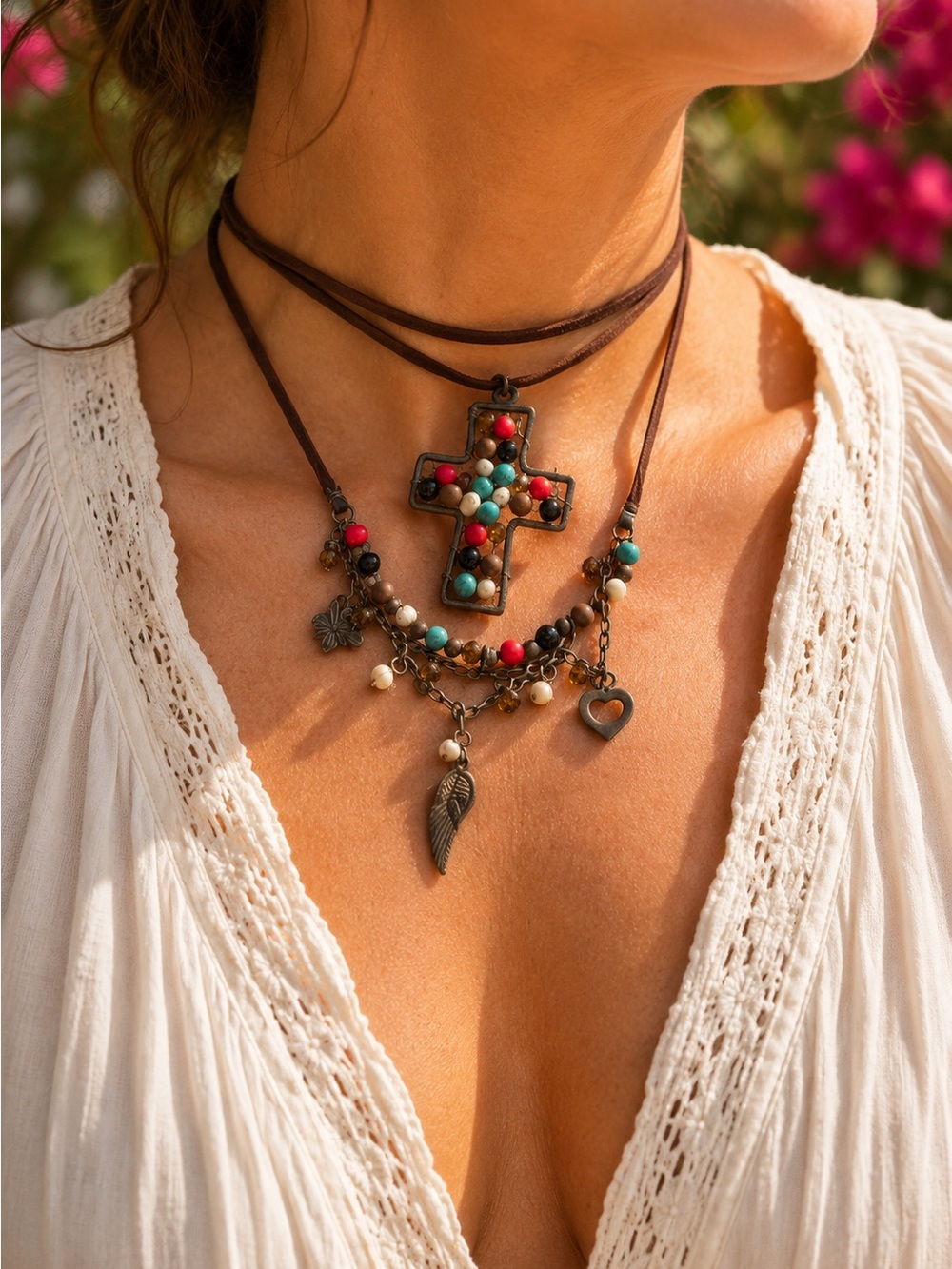Hand-Crafted Beaded Cross Wrap Necklace | Genuine Leather Cord | Mexico Boutique